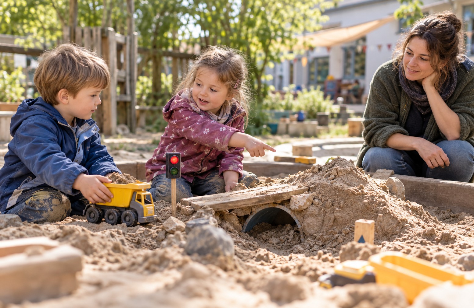 Zwei Kinder spielen im Sandkasten mit Bagger und Kipplaster und sprechen miteinander